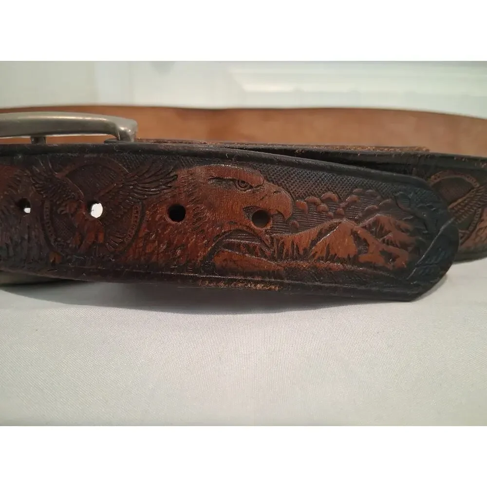 Vintage Tooled Leather Belt American Bald Eagle Mountain Scene Western Sz 42 44